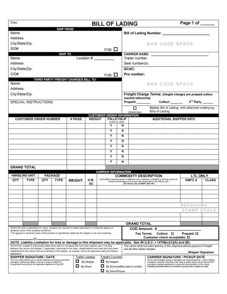 Examples Of Bill Of Lading