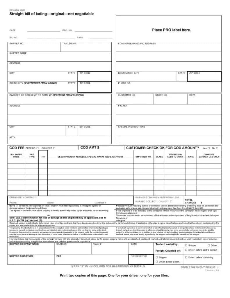 Examples Of Bill Of Lading