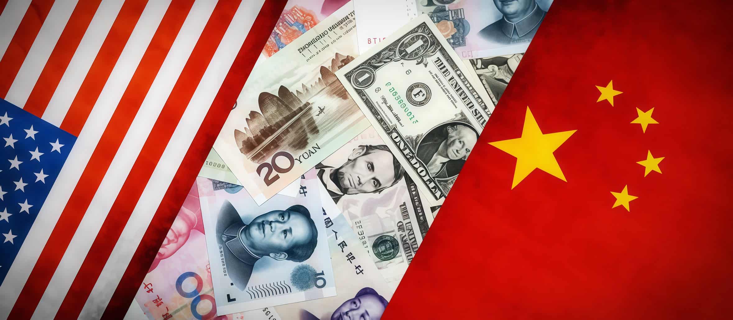 Chinese and American flags and currencies